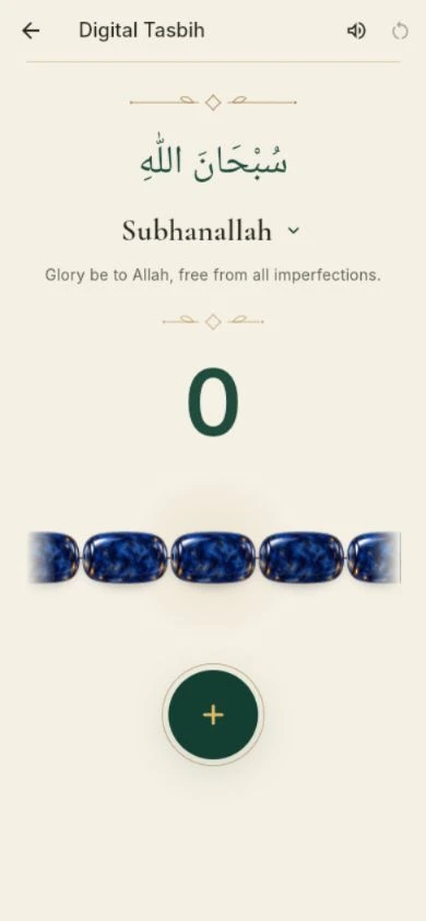Namaz Vakti digital tasbih, with Arabic recitation, a counter and tactile bead imagery.